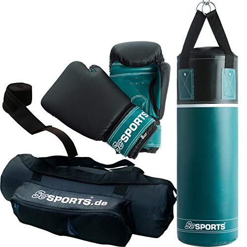 ScSPORTS® Boxsack - Set, 5.5/12kg, Gefüllt, mit Boxhandschuhen, Bandagen, Nylongurt, Tasche, PVC - Sandsack, Boxset, Boxsack-Set für Zuhause, Erwachsene, Boxing, Kickboxen, Boxen, MMA (5.5 kg)