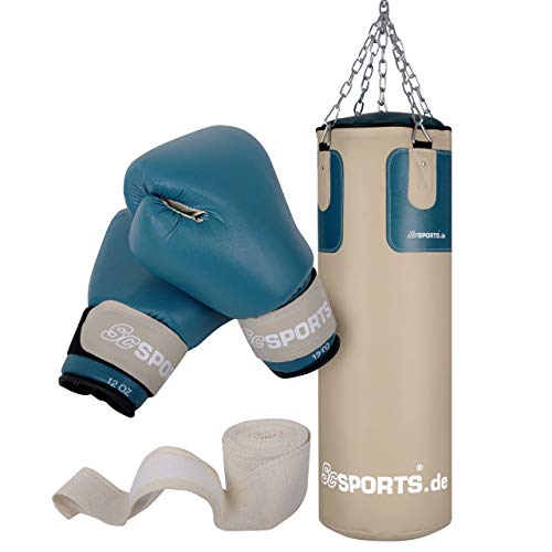 ScSPORTS® Boxsack - Set, 25kg, Gefüllt, mit Boxhandschuhen (12oz), Bandagen, Nylongurt, Tasche, PVC, Beige - Boxset, Boxsack-Set, Box-Set für Zuhause, Erwachsene, Boxing, Kickboxen, Boxen